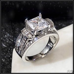 NEW 925 SILVER SQUARE EMERALD CUT PRINCESS STATEMENT PAVE RING